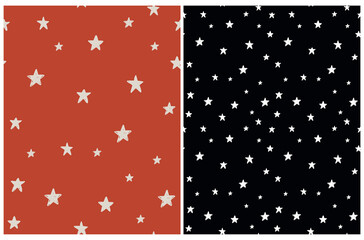 Tiny Stars Seamless Vector Patterns. Irregular Hand Drawn Simple Starry Sky Print for Fabric, Textile, Wrapping Paper. Infantile Style Galaxy Design. Little Stars Isolated on a Red and Black.