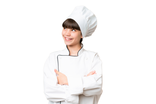 Little caucasian chef girl over isolated background happy and smiling