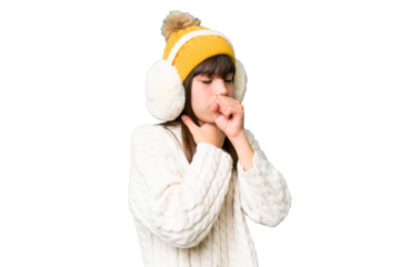 Little caucasian girl wearing winter muffs over isolated background is suffering with cough and feeling bad