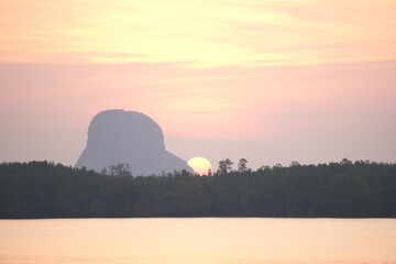 Fototapeta na wymiar The sunrise morning background at Ban Sam Chong Tai, Ta Kua Thung, Phangnga, Thailand.