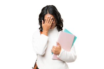 Young Argentinian student woman over isolated background with tired and sick expression