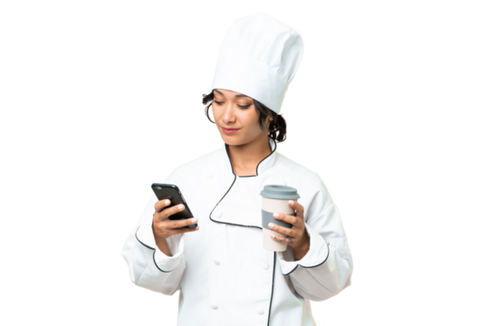 Young chef Argentinian woman over isolated background holding coffee to take away and a mobile