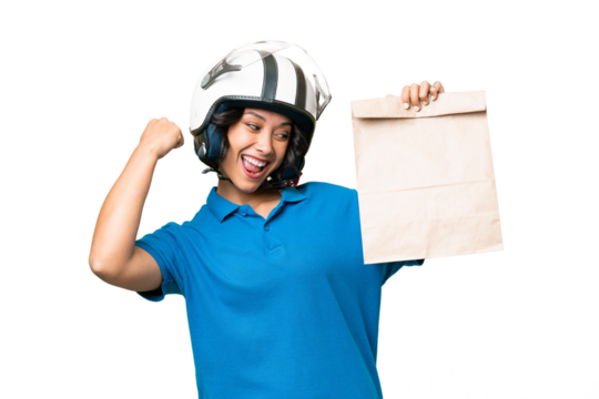 Young Argentinian woman taking a bag of takeaway food over isolated background celebrating a victory