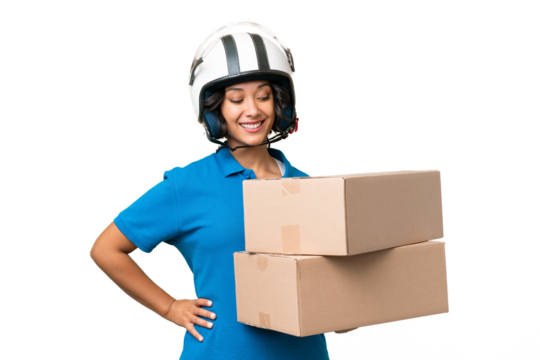 Young Argentinian  delivery woman over isolated background with happy expression