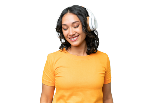 Young caucasian Argentinian woman over isolated background listening music - Powered by Adobe