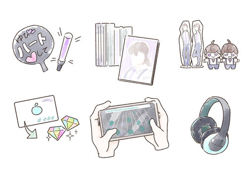 A set of illustrations of otaku accessories.