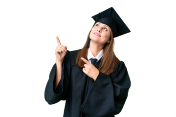 Middle age university graduate woman over isolated background pointing with the index finger a great idea