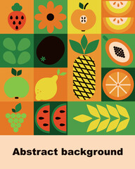 Bauhaus fruits poster. Abstract geometric food, bright colorful green and orange pattern, simple forms. Natural organic background, modern banner or card, agriculture design. Vector illustration