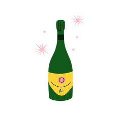 Champagne bottle card. Cartoon modern wine. Doodle drawing contemporary card or poster. Alcoholic drink for celebration new year, wedding and birthday. Festive party beverage, vector isolated set