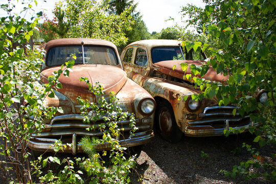 Two rusty abandoned vintage cars