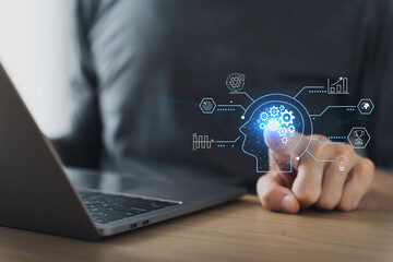 Businessperson using laptop for online working via internet. Digital business intelligence solution, communication and connection technology. Financial and banking data, marketing information analysis