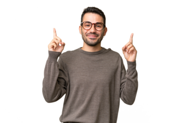 Young handsome caucasian man over isolated background pointing up a great idea