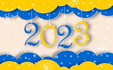 Happy new year 2023. Festive winter banner on pink snowy horizontal background in paper art style. Vector