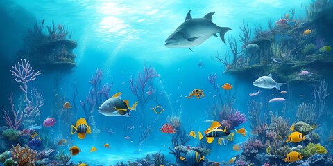 Obraz na płótnie Canvas Unterwasser-Bild mit vielen Fischen - Generative AI