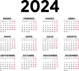 Calendario 2024 español. Semana comienza el lunes	 - obrazy, fototapety, plakaty