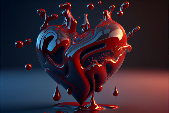 bloody heart in burgundy color liquid drain and splash on dark background.AI