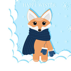 A little red fox in a blue knitted scarf with mittens on a string in the style of cut out paper on white snowy hills with falling snowflakes and inscription happy winter.