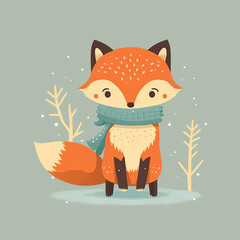 Obraz premium Cute fox Christmas 2D illustration, New Year cartoon icon