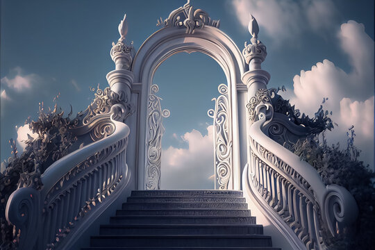 Gates lights of heaven in fog above blue sky background and stairs .AI