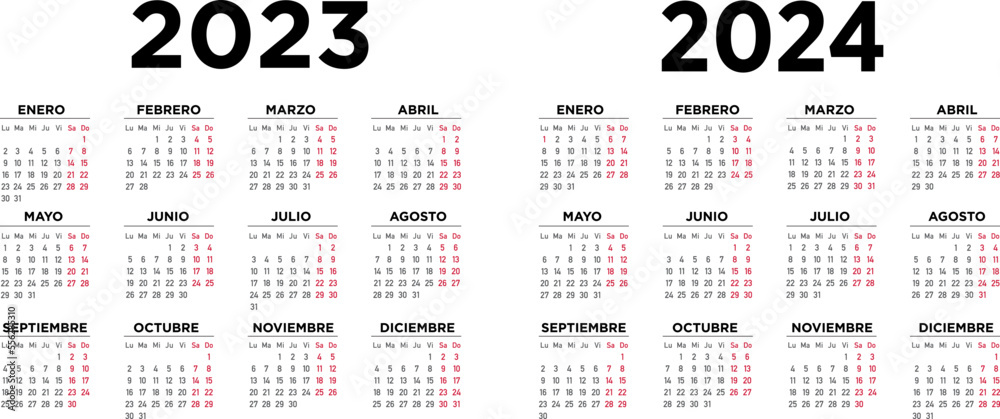 Wall mural calendario 2023 2024 español. semana comienza el lunes