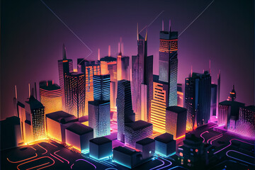 illustration of isometric capital city buildings in neon colors . AI