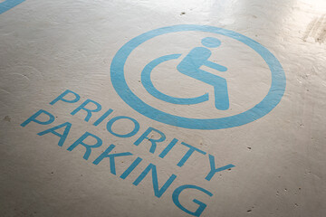 Reserved parking lot for priority or disability person symbol icon. Sign for transportation mode photo, close-up and selective focus.