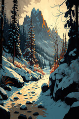 Fototapeta na wymiar beautiful trail through snowy forest, snowy mountains landscape, art illustration