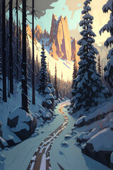 beautiful trail through snowy forest, snowy mountains landscape, art illustration
