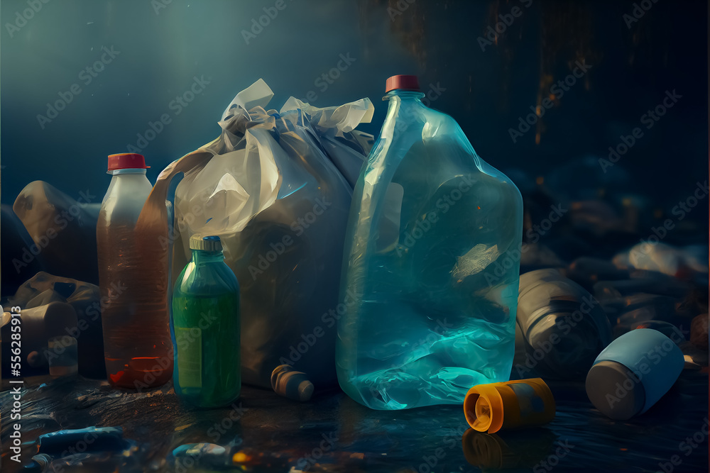 Wall mural illustration of plastic bottles waste floating in the sea water. ai - Wall murals