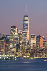 Manhattan skyline after dusk, long exposure detail buildings 