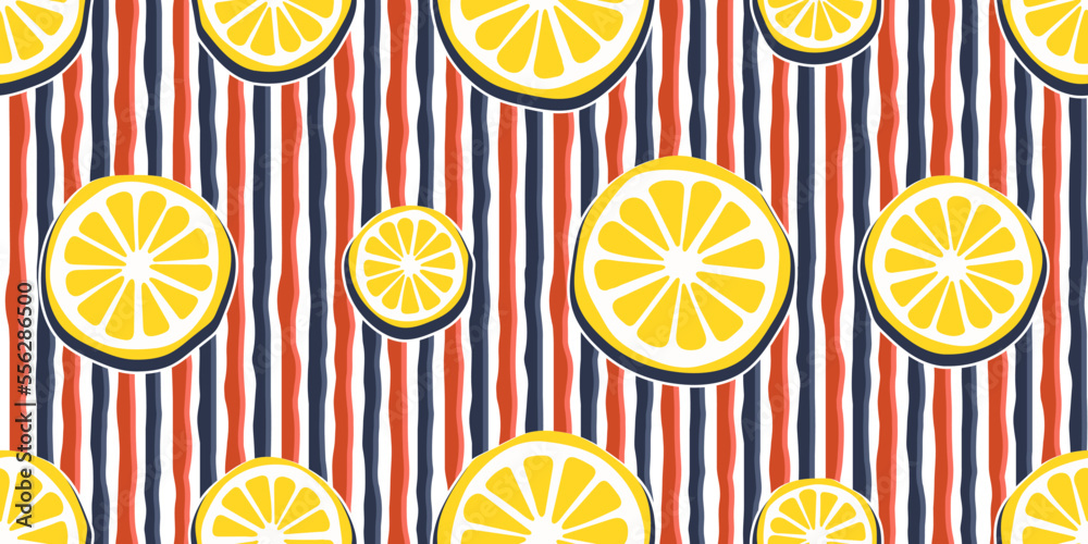 Poster seamless pattern of lemon slices - citrus illustration repeating on a striped background. for seamle