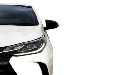 Front view of a generic and brandless car. white car and lamp on blue sky background.