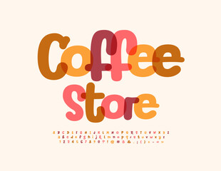 Vector colorful emblem Coffee Store. Playful handwritten Font. Modern Alphabet Letters and Numbers set 