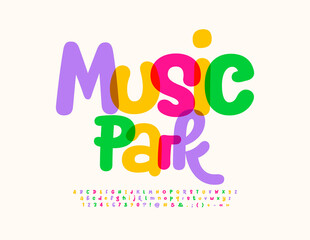 Vector trendy flyer Music Park. Watercolor funky Font. Bright handwritten Alphabet Letters and Numbers