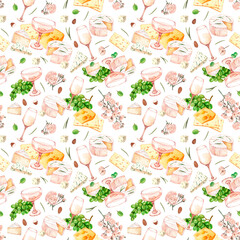Watercolor seamless pattern wine, cheese, grape and flowers. Hand draw background with food objects. Concept for fabric print, label, banner, menu, flyer,textile, fabric or background.