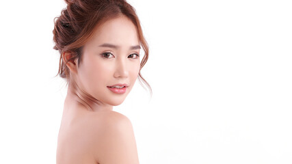Fototapeta premium Beautiful young asian woman with clean fresh skin on white background, Face care, Facial treatment, Cosmetology, beauty and spa, Asian women portrait.