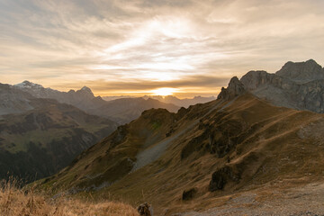 Majestic sunset scenery from the top of the Balmer Graetli region at the Klausenpass in Switzerland