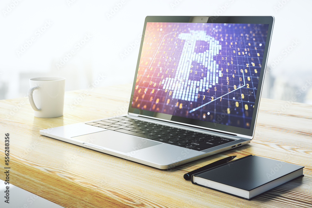 Poster Modern computer display with creative Bitcoin symbol hologram. Mining and blockchain concept. 3D Rendering