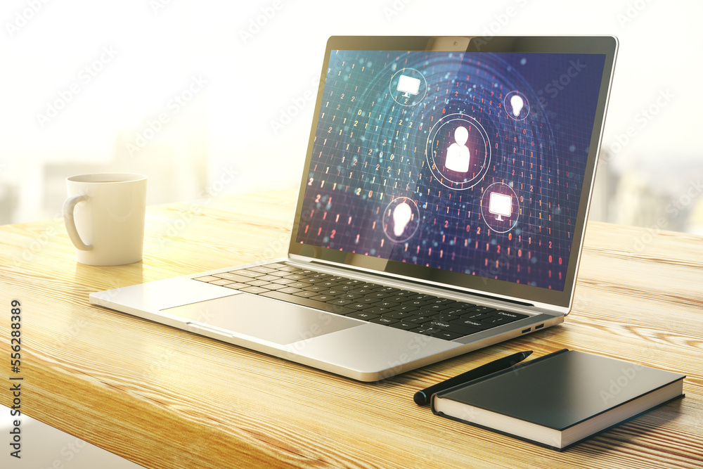Poster Modern computer display with social network icons concept. Networking concept. 3D Rendering