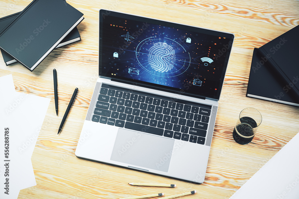Poster Modern computer screen with creative fingerprint hologram, personal biometric data concept. 3D Rendering
