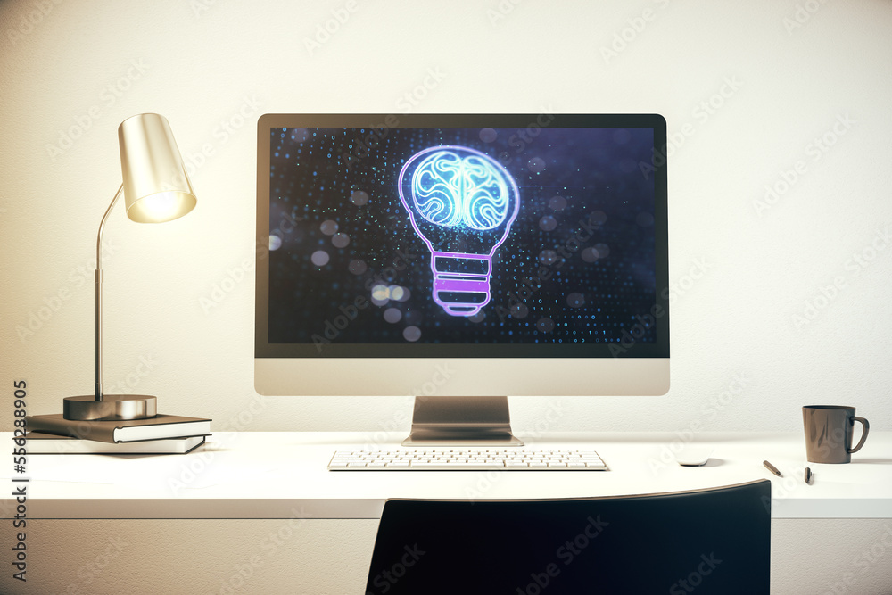 Poster Creative idea concept with light bulb and human brain illustration on modern laptop screen. Neural networks and machine learning concept. 3D Rendering