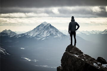 person standing on top of a mountain, looking down at the world below, representing the sense of accomplishment and triumph that comes from overcoming challenges. (AI Generated)