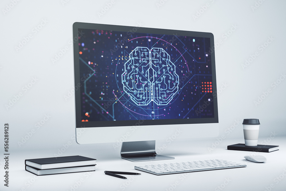 Poster creative artificial intelligence concept with human brain hologram on modern laptop screen. 3d rende