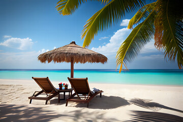 Fototapeta na wymiar Maldives, tropical beach, Sun loungers