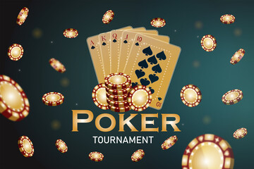 Poker tournament banner with bright light, flash royal card and fly casino chips - obrazy, fototapety, plakaty