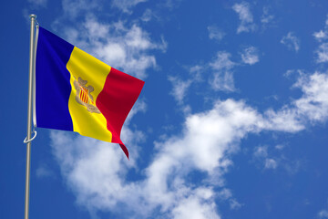 Principality of Andorra Flags Over Blue Sky Background. 3D Illustration