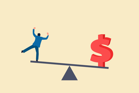 Businessman Balancing On A Seesaw With A Dollar Finance Money Symbol. Concept Off Financial Balance, Optimization And Saving Budget.