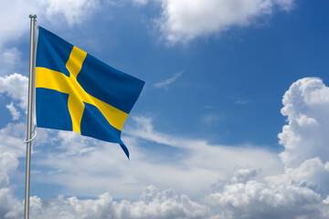 Kingdom of Sweden Flags Over Blue Sky Background. 3D Illustration