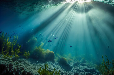 Fototapeta na wymiar Dark blue ocean surface seen from underwater. Abstract waves underwater and rays of sunlight shining through. Generative AI