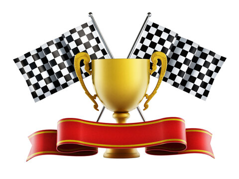 Gold cup, checkered flags and red ribbon on transparent background.